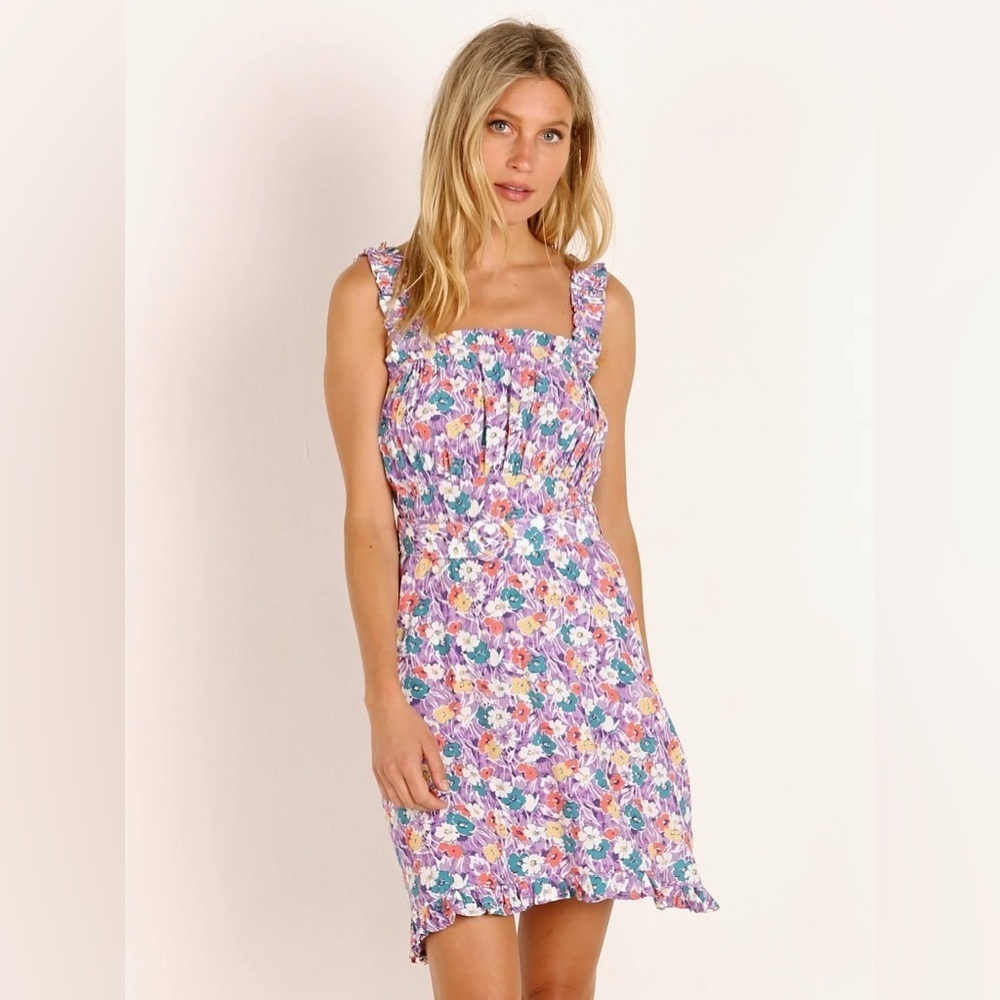 Faithfull The Brand Summer Mini Dress Nefeli Floral SZ 6 belted rayon purple